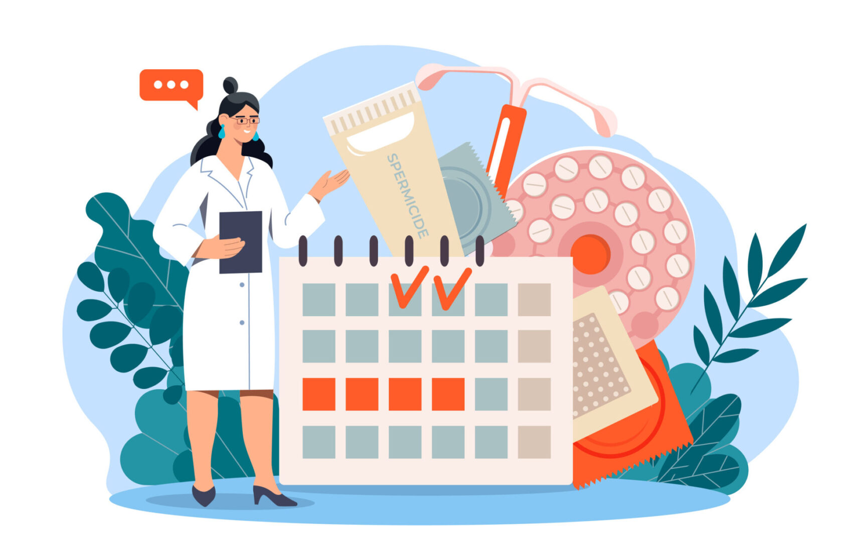 Female doctor with calendar and various contraceptive methods like pills, condoms, IUD, patch, and spermicide on abstract background. Concept of birth control. Vector illustration