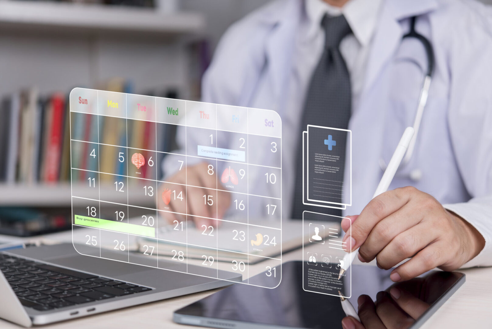 Medical doctor using digital calendar for patient scheduling, health data. Telehealth services, smart healthcare. Technology online medical appointment, hospital management system.